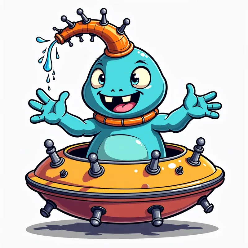 Blue Alien's Spaceship Adventure - Detailed line art illustration A cartoonish, bright blue alien creature, positioned centrally in the image. The creature has a bulbous, teardrop shape body, and three large, expressive, light-blue eyes. A curved, orange tube-like appendage extends from its head with water spraying from the top. It is wearing a gothic collar with enormous metal spikes sticking out of it. The creature has a cheerful, grinning expression, with visible, cartoonish teeth. Its arms, also orange, are outstretched in a welcoming gesture. The creature is sitting in a brightly coloured spaceship with metal spokes sticking out from the sides. The background is a plain, light gray. The style is vibrant, playful, and exaggerated, with bold outlines and bright colors. The lighting is even, casting no significant shadows. The creature's pose is friendly and inviting. The overall impression is of a friendly, cartoon alien character. - AI image generated with Photorealistic 2