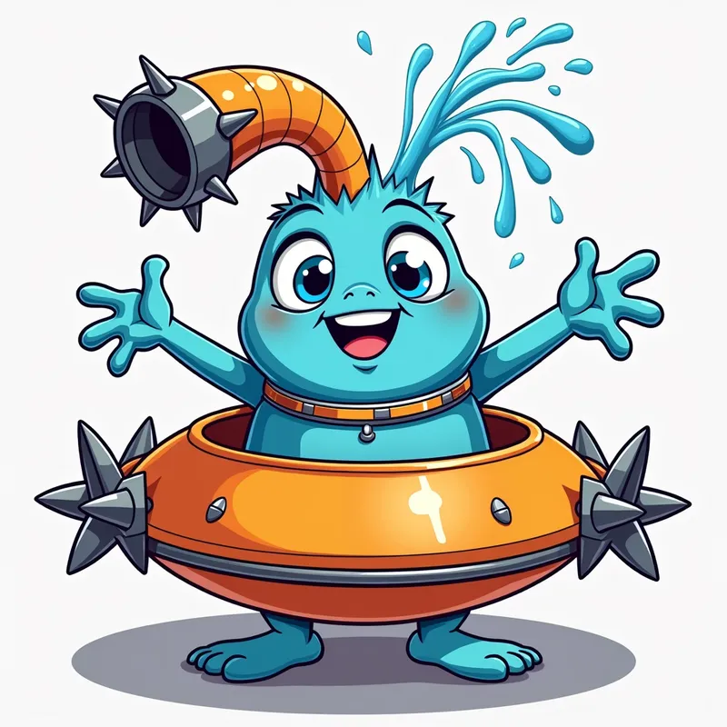 Blue Alien's Spaceship Adventure - Detailed line art illustration A cartoonish, bright blue alien creature, positioned centrally in the image. The creature has a bulbous, teardrop shape body, and three large, expressive, light-blue eyes.  A curved, orange tube-like appendage extends from its head with water spraying from the top. It is wearing a gothic collar with enormous metal spikes sticking out of it. The creature has a cheerful, grinning expression, with visible, cartoonish teeth.  Its arms, also orange, are outstretched in a welcoming gesture. The creature is sitting in a brightly coloured spaceship with metal spokes sticking out from the sides. The background is a plain, light gray. The style is vibrant, playful, and exaggerated, with bold outlines and bright colors. The lighting is even, casting no significant shadows. The creature's pose is friendly and inviting. The overall impression is of a friendly, cartoon alien character. - AI image generated with Photorealistic 2