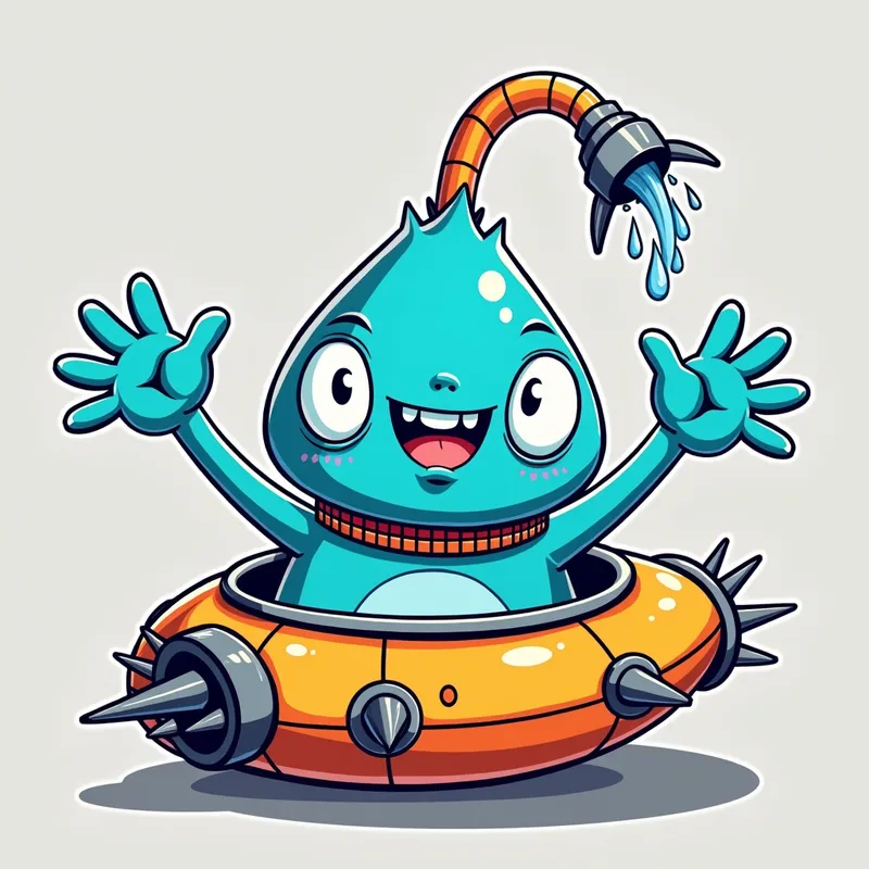 Blue Alien's Spaceship Adventure - Detailed line art illustration A cartoonish, bright blue alien creature, positioned centrally in the image. The creature has a bulbous, teardrop shape body, and three large, expressive, light-blue eyes. A curved, orange tube-like appendage extends from its head with water spraying from the top. It is wearing a gothic collar with enormous metal spikes sticking out of it. The creature has a cheerful, grinning expression, with visible, cartoonish teeth. Its arms, also orange, are outstretched in a welcoming gesture. The creature is sitting in a brightly coloured spaceship with metal spokes sticking out from the sides. The background is a plain, light gray. The style is vibrant, playful, and exaggerated, with bold outlines and bright colors. The lighting is even, casting no significant shadows. The creature's pose is friendly and inviting. The overall impression is of a friendly, cartoon alien character. - AI image generated with Photorealistic 2