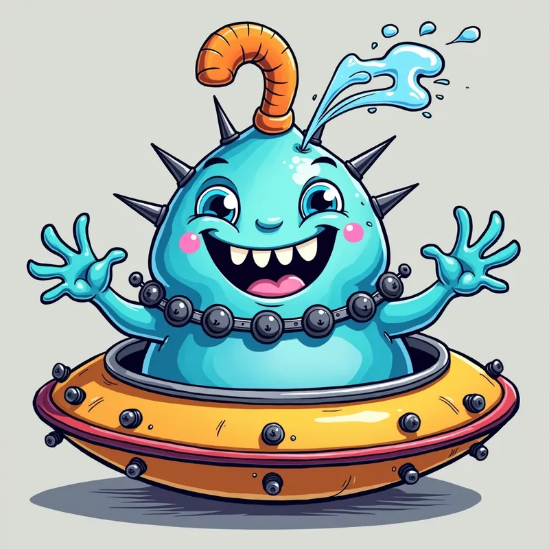 Blue Alien's Spaceship Adventure - Detailed line art illustration A cartoonish, bright blue alien creature, positioned centrally in the image. The creature has a bulbous, teardrop shape body, and three large, expressive, light-blue eyes. A curved, orange tube-like appendage extends from its head with water spraying from the top. It is wearing a gothic collar with enormous metal spikes sticking out of it. The creature has a cheerful, grinning expression, with visible, cartoonish teeth. Its arms, also orange, are outstretched in a welcoming gesture. The creature is sitting in a brightly coloured spaceship with metal spokes sticking out from the sides. The background is a plain, light gray. The style is vibrant, playful, and exaggerated, with bold outlines and bright colors. The lighting is even, casting no significant shadows. The creature's pose is friendly and inviting. The overall impression is of a friendly, cartoon alien character. - AI image generated with Photorealistic 2