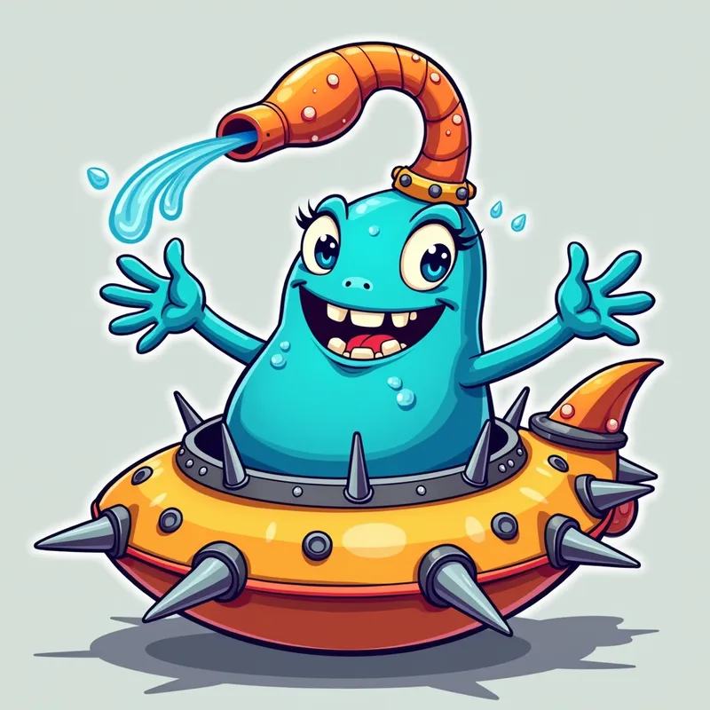 Blue Alien's Spaceship Adventure - Detailed line art illustration A cartoonish, bright blue alien creature, positioned centrally in the image. The creature has a bulbous, teardrop shape body, and three large, expressive, light-blue eyes. A curved, orange fleshy tube-like appendage extends from its head with water spraying from the top. It is wearing a gothic collar with enormous metal spikes sticking out of it. The creature has a cheerful, grinning expression, with visible, cartoonish teeth. Its arms, also orange, are outstretched in a welcoming gesture. The creature is sitting in a brightly coloured spaceship with metal spokes sticking out from the sides. The background is a plain, light gray. The style is vibrant, playful, and exaggerated, with bold outlines and bright colors. The lighting is even, casting no significant shadows. The creature's pose is friendly and inviting. The overall impression is of a friendly, cartoon alien character. - AI image generated with Photorealistic 2