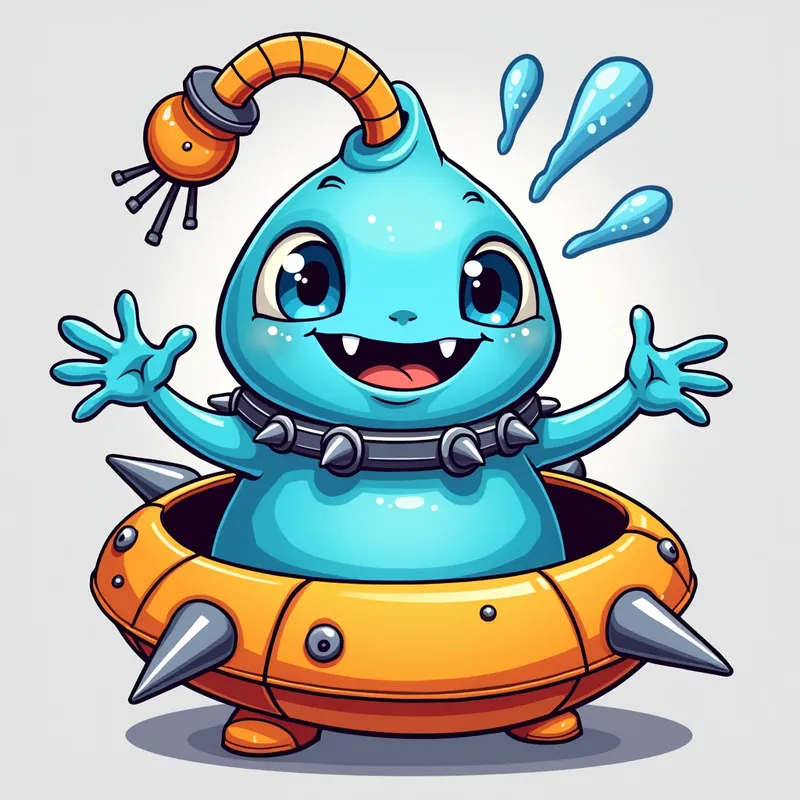 Blue Alien's Spaceship Adventure - Detailed line art illustration A cartoonish, bright blue alien creature, positioned centrally in the image. The creature has a bulbous, teardrop shape body, and three large, expressive, light-blue eyes. A curved, orange fleshy tube-like appendage extends from its head with water spraying from the top. It is wearing a gothic collar with enormous metal spikes sticking out of it. The creature has a cheerful, grinning expression, with visible, cartoonish teeth. Its arms, also orange, are outstretched in a welcoming gesture. The creature is sitting in a brightly coloured spaceship with metal spokes sticking out from the sides. The background is a plain, light gray. The style is vibrant, playful, and exaggerated, with bold outlines and bright colors. The lighting is even, casting no significant shadows. The creature's pose is friendly and inviting. The overall impression is of a friendly, cartoon alien character. - AI image generated with Photorealistic 2