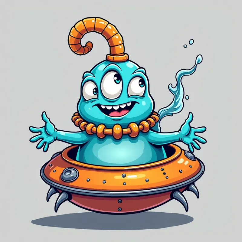 Blue Alien's Spaceship Adventure - Detailed line art illustration A cartoonish, bright blue alien creature, positioned centrally in the image. The creature has a bulbous, teardrop shape body, and three large, expressive, light-blue eyes. A curved, orange fleshy tube-like appendage extends from its head with water spraying from the top. It is wearing a gothic collar with enormous metal spikes sticking out of it. The creature has a cheerful, grinning expression, with visible, cartoonish teeth. Its arms, also orange, are outstretched in a welcoming gesture. The creature is sitting in a brightly coloured spaceship with metal spokes sticking out from the sides. The background is a plain, light gray. The style is vibrant, playful, and exaggerated, with bold outlines and bright colors. The lighting is even, casting no significant shadows. The creature's pose is friendly and inviting. The overall impression is of a friendly, cartoon alien character. - AI image generated with Photorealistic 2