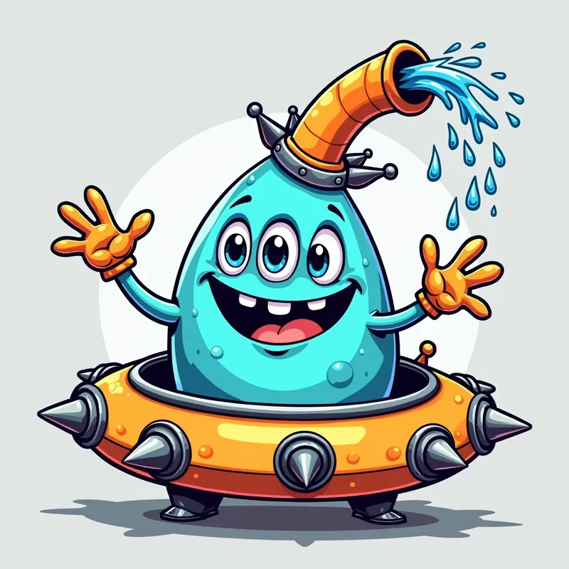 Blue Alien's Spaceship Adventure - Detailed line art illustration A cartoonish, bright blue alien creature, positioned centrally in the image. The creature has a bulbous, teardrop shape body, and three large, expressive, light-blue eyes. A curved, orange fleshy tube-like appendage extends from its head with water spraying from the top. It is wearing a gothic collar with enormous metal spikes sticking out of it. The creature has a cheerful, grinning expression, with visible, cartoonish teeth. Its arms, also orange, are outstretched in a welcoming gesture. The creature is sitting in a brightly coloured spaceship with metal spokes sticking out from the sides. The background is a plain, light gray. The style is vibrant, playful, and exaggerated, with bold outlines and bright colors. The lighting is even, casting no significant shadows. The creature's pose is friendly and inviting. The overall impression is of a friendly, cartoon alien character. - AI image generated with Photorealistic 2
