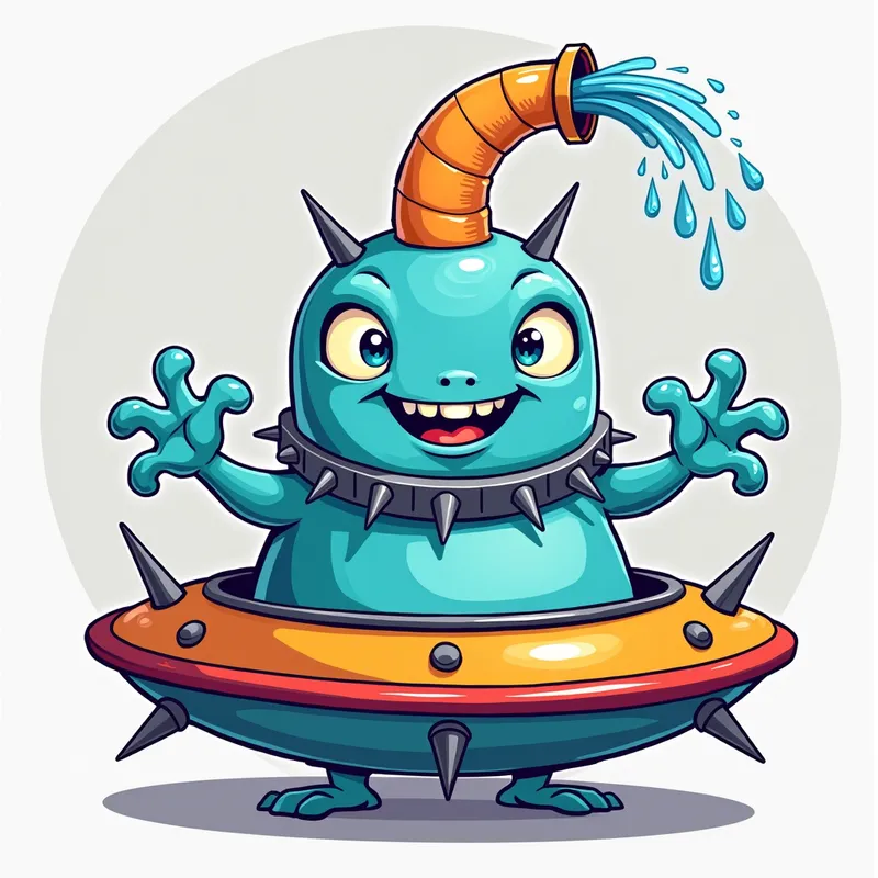Blue Alien's Spaceship Adventure - Detailed line art illustration A cartoonish, bright blue alien creature, positioned centrally in the image. The creature has a bulbous, teardrop shape body, and three large, expressive, light-blue eyes. A curved, orange fleshy tube-like appendage extends from its head with water spraying from the top. It is wearing a gothic collar with enormous metal spikes sticking out of it. The creature has a cheerful, grinning expression, with visible, cartoonish teeth. Its arms, also orange, are outstretched in a welcoming gesture. The creature is sitting in a brightly coloured spaceship with metal spokes sticking out from the sides. The background is a plain, light gray. The style is vibrant, playful, and exaggerated, with bold outlines and bright colors. The lighting is even, casting no significant shadows. The creature's pose is friendly and inviting. The overall impression is of a friendly, cartoon alien character. - AI image generated with Photorealistic 2