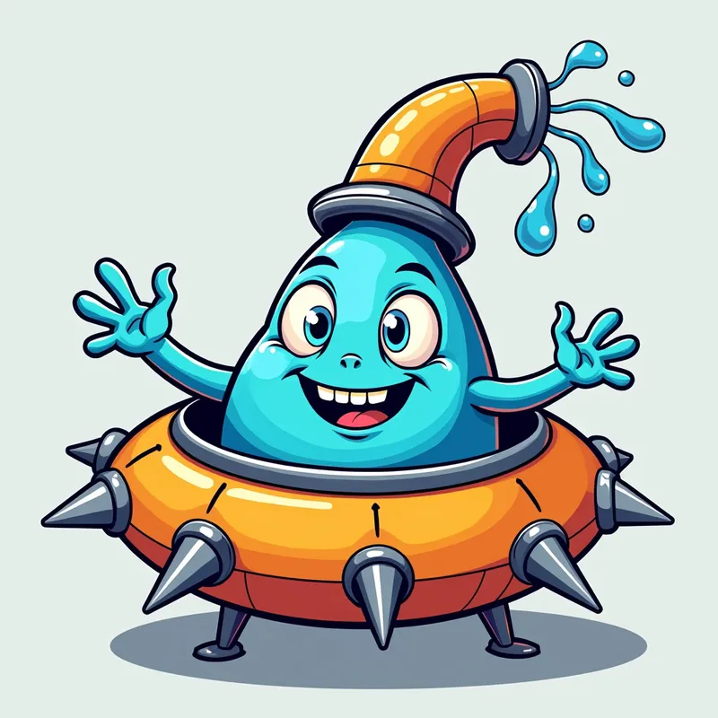 Blue Alien's Spaceship Adventure - Detailed line art illustration A cartoonish, bright blue alien creature, positioned centrally in the image. The creature has a bulbous, teardrop shape body, and three large, expressive, light-blue eyes.  A curved, orange tube-like appendage extends from its head with water spraying from the top. It is wearing a gothic collar with enormous metal spikes sticking out of it. The creature has a cheerful, grinning expression, with visible, cartoonish teeth.  Its arms, also orange, are outstretched in a welcoming gesture. The creature is sitting in a brightly coloured spaceship with metal spokes sticking out from the sides. The background is a plain, light gray. The style is vibrant, playful, and exaggerated, with bold outlines and bright colors. The lighting is even, casting no significant shadows. The creature's pose is friendly and inviting. The overall impression is of a friendly, cartoon alien character. - AI image generated with Photorealistic 2