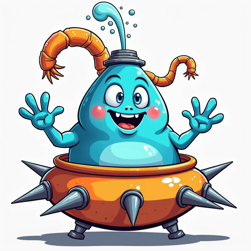 Blue Alien's Spaceship Adventure - Detailed line art illustration A cartoonish, bright blue alien creature, positioned centrally in the image. The creature has a bulbous, teardrop shape body, and three large, expressive, light-blue eyes. A curved, orange fleshy tube-like appendage extends from its head with water spraying from the top. It is wearing a gothic collar with enormous metal spikes sticking out of it. The creature has a cheerful, grinning expression, with visible, cartoonish teeth. Its arms, also orange, are outstretched in a welcoming gesture. The creature is sitting in a brightly coloured spaceship with metal spokes sticking out from the sides. The background is a plain, light gray. The style is vibrant, playful, and exaggerated, with bold outlines and bright colors. The lighting is even, casting no significant shadows. The creature's pose is friendly and inviting. The overall impression is of a friendly, cartoon alien character. - AI image generated with Photorealistic 2