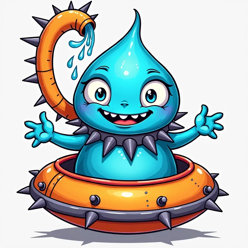 Blue Alien's Spaceship Adventure - Detailed line art illustration A cartoonish, bright blue alien creature, positioned centrally in the image. The creature has a bulbous, teardrop shape body, and three large, expressive, light-blue eyes. A curved, orange fleshy tube-like appendage extends from its head with water spraying from the top. It is wearing a gothic collar with enormous metal spikes sticking out of it. The creature has a cheerful, grinning expression, with visible, cartoonish teeth. Its arms, also orange, are outstretched in a welcoming gesture. The creature is sitting in a brightly coloured spaceship with metal spokes sticking out from the sides. The background is a plain, light gray. The style is vibrant, playful, and exaggerated, with bold outlines and bright colors. The lighting is even, casting no significant shadows. The creature's pose is friendly and inviting. The overall impression is of a friendly, cartoon alien character. - AI image generated with Photorealistic 2