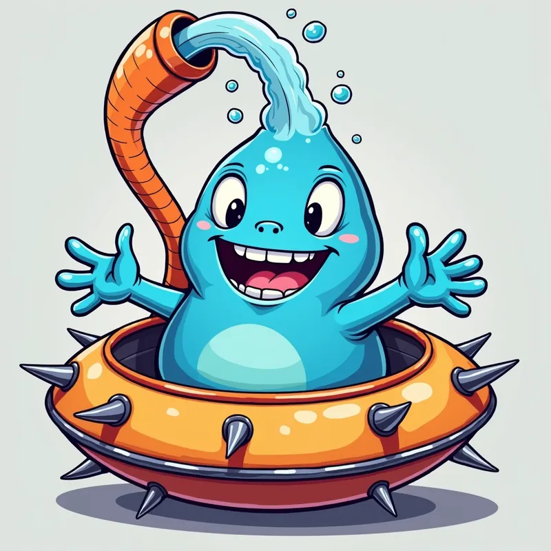 Blue Alien's Spaceship Adventure - Detailed line art illustration A cartoonish, bright blue alien creature, positioned centrally in the image. The creature has a bulbous, teardrop shape body, and three large, expressive, light-blue eyes. A curved, orange fleshy tube-like appendage extends from its head with water spraying from the top. It is wearing a gothic collar with enormous metal spikes sticking out of it. The creature has a cheerful, grinning expression, with visible, cartoonish teeth. Its arms, also orange, are outstretched in a welcoming gesture. The creature is sitting in a brightly coloured spaceship with metal spokes sticking out from the sides. The background is a plain, light gray. The style is vibrant, playful, and exaggerated, with bold outlines and bright colors. The lighting is even, casting no significant shadows. The creature's pose is friendly and inviting. The overall impression is of a friendly, cartoon alien character. - AI image generated with Photorealistic 2