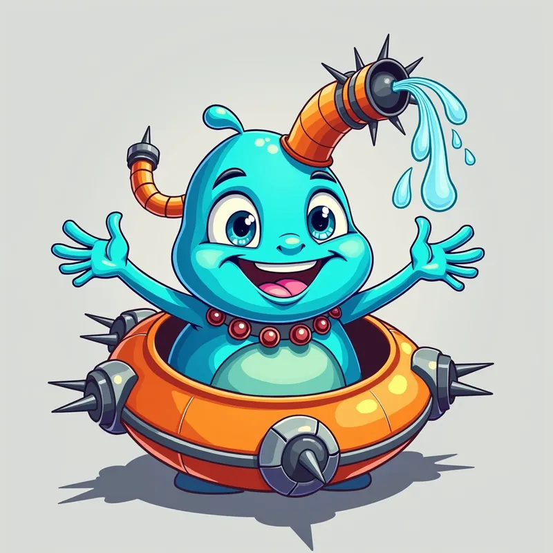 Blue Alien's Spaceship Adventure - Detailed line art illustration A cartoonish, bright blue alien creature, positioned centrally in the image. The creature has a bulbous, teardrop shape body, and three large, expressive, light-blue eyes.  A curved, orange tube-like appendage extends from its head with water spraying from the top. It is wearing a gothic collar with enormous metal spikes sticking out of it. The creature has a cheerful, grinning expression, with visible, cartoonish teeth.  Its arms, also orange, are outstretched in a welcoming gesture. The creature is sitting in a brightly coloured spaceship with metal spokes sticking out from the sides. The background is a plain, light gray. The style is vibrant, playful, and exaggerated, with bold outlines and bright colors. The lighting is even, casting no significant shadows. The creature's pose is friendly and inviting. The overall impression is of a friendly, cartoon alien character. - AI image generated with Photorealistic 2