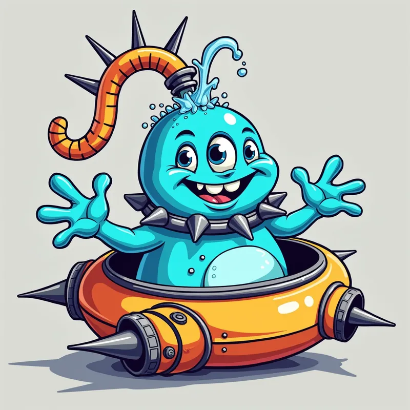 Blue Alien's Spaceship Adventure - Detailed line art illustration A cartoonish, bright blue alien creature, positioned centrally in the image. The creature has a bulbous, teardrop shape body, and three large, expressive, light-blue eyes.  A curved, orange tube-like appendage extends from its head with water spraying from the top. It is wearing a gothic collar with enormous metal spikes sticking out of it. The creature has a cheerful, grinning expression, with visible, cartoonish teeth.  Its arms, also orange, are outstretched in a welcoming gesture. The creature is sitting in a brightly coloured spaceship with metal spokes sticking out from the sides. The background is a plain, light gray. The style is vibrant, playful, and exaggerated, with bold outlines and bright colors. The lighting is even, casting no significant shadows. The creature's pose is friendly and inviting. The overall impression is of a friendly, cartoon alien character. - AI image generated with Photorealistic 2