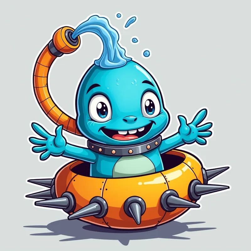 Blue Alien's Spaceship Adventure - Detailed line art illustration A cartoonish, bright blue alien creature, positioned centrally in the image. The creature has a bulbous, teardrop shape body, and three large, expressive, light-blue eyes. A curved, orange tube-like appendage extends from its head with water spraying from the top. It is wearing a gothic collar with enormous metal spikes sticking out of it. The creature has a cheerful, grinning expression, with visible, cartoonish teeth. Its arms, also orange, are outstretched in a welcoming gesture. The creature is sitting in a brightly coloured spaceship with metal spokes sticking out from the sides. The background is a plain, light gray. The style is vibrant, playful, and exaggerated, with bold outlines and bright colors. The lighting is even, casting no significant shadows. The creature's pose is friendly and inviting. The overall impression is of a friendly, cartoon alien character. - AI image generated with Photorealistic 2