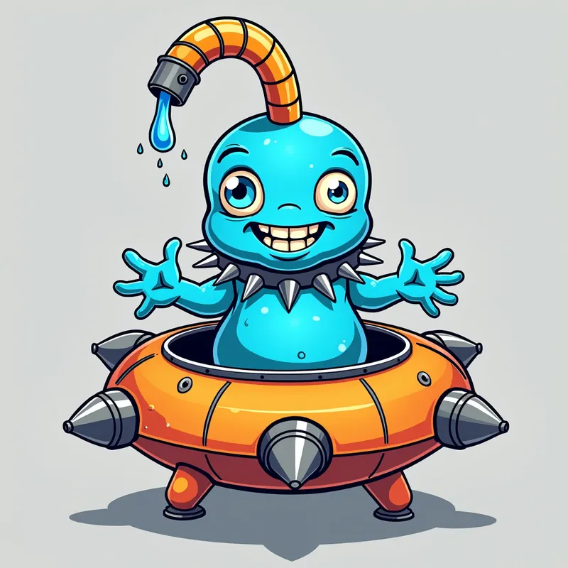 Blue Alien's Spaceship Adventure - Detailed line art illustration A cartoonish, bright blue alien creature, positioned centrally in the image. The creature has a bulbous, teardrop shape body, and three large, expressive, light-blue eyes.  A curved, orange tube-like appendage extends from its head with water spraying from the top. It is wearing a gothic collar with enormous metal spikes sticking out of it. The creature has a cheerful, grinning expression, with visible, cartoonish teeth.  Its arms, also orange, are outstretched in a welcoming gesture. The creature is sitting in a brightly coloured spaceship with metal spokes sticking out from the sides. The background is a plain, light gray. The style is vibrant, playful, and exaggerated, with bold outlines and bright colors. The lighting is even, casting no significant shadows. The creature's pose is friendly and inviting. The overall impression is of a friendly, cartoon alien character. - AI image generated with Photorealistic 2