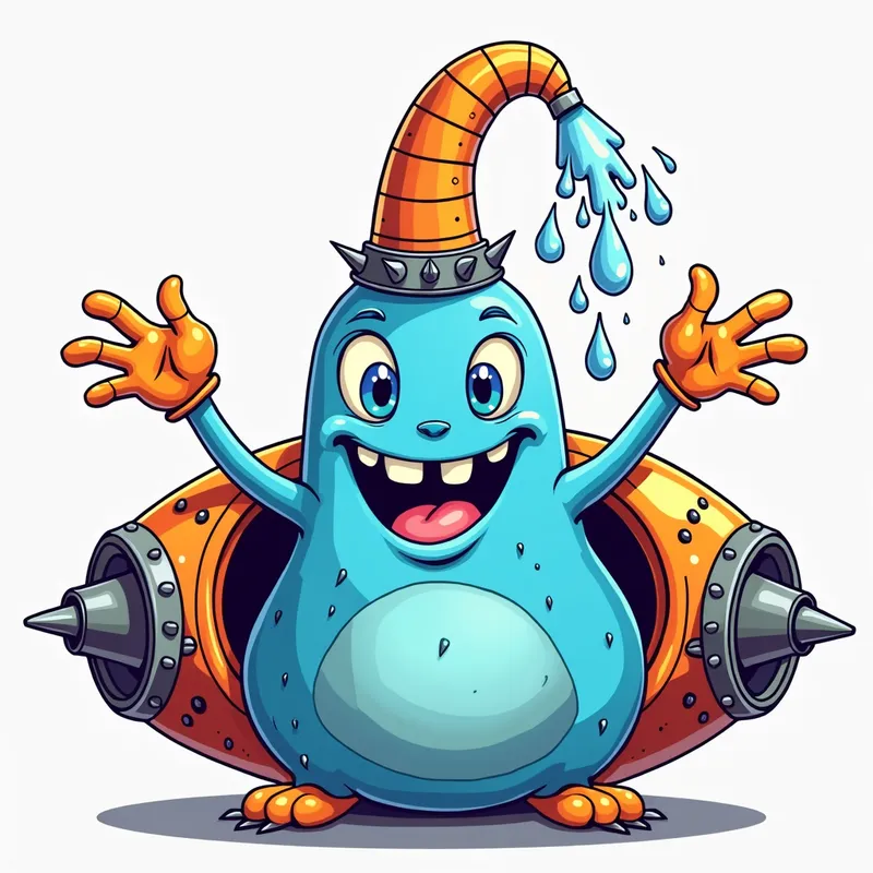 Blue Alien's Spaceship Adventure - Detailed line art illustration A cartoonish, bright blue alien creature, positioned centrally in the image. The creature has a bulbous, teardrop shape body, and three large, expressive, light-blue eyes. A curved, orange tube-like appendage extends from its head with water spraying from the top. It is wearing a gothic collar with enormous metal spikes sticking out of it. The creature has a cheerful, grinning expression, with visible, cartoonish teeth. Its arms, also orange, are outstretched in a welcoming gesture. The creature is sitting in a brightly coloured spaceship with metal spokes sticking out from the sides. The background is a plain, light gray. The style is vibrant, playful, and exaggerated, with bold outlines and bright colors. The lighting is even, casting no significant shadows. The creature's pose is friendly and inviting. The overall impression is of a friendly, cartoon alien character. - AI image generated with Photorealistic 2
