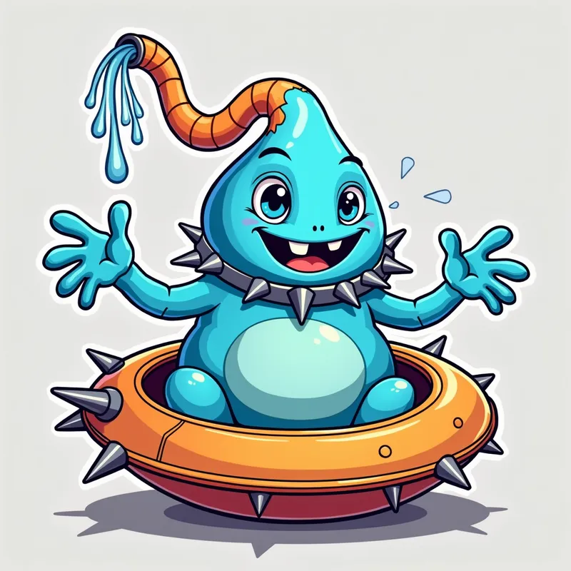 Blue Alien's Spaceship Adventure - Detailed line art illustration A cartoonish, bright blue alien creature, positioned centrally in the image. The creature has a bulbous, teardrop shape body, and three large, expressive, light-blue eyes.  A curved, orange fleshy tube-like appendage extends from its head with water spraying from the top. It is wearing a gothic collar with enormous metal spikes sticking out of it. The creature has a cheerful, grinning expression, with visible, cartoonish teeth.  Its arms, also orange, are outstretched in a welcoming gesture. The creature is sitting in a brightly coloured spaceship with metal spokes sticking out from the sides. The background is a plain, light gray. The style is vibrant, playful, and exaggerated, with bold outlines and bright colors. The lighting is even, casting no significant shadows. The creature's pose is friendly and inviting. The overall impression is of a friendly, cartoon alien character. - AI image generated with Photorealistic 2