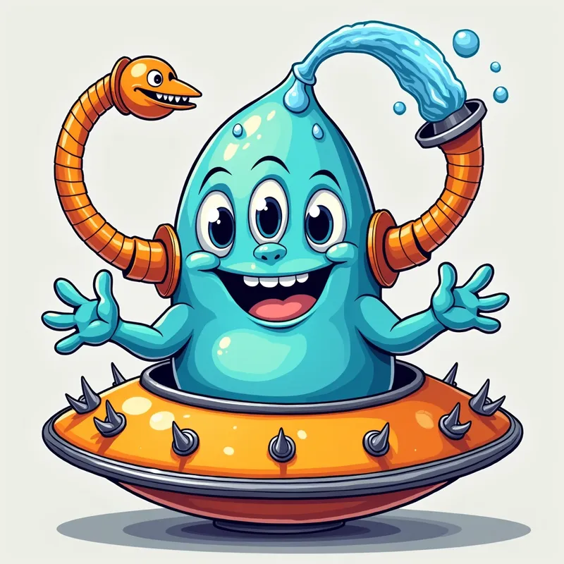 Blue Alien's Spaceship Adventure - Detailed line art illustration A cartoonish, bright blue alien creature, positioned centrally in the image. The creature has a bulbous, teardrop shape body, and three large, expressive, light-blue eyes.  A curved, orange fleshy tube-like appendage extends from its head with water spraying from the top. It is wearing a gothic collar with enormous metal spikes sticking out of it. The creature has a cheerful, grinning expression, with visible, cartoonish teeth.  Its arms, also orange, are outstretched in a welcoming gesture. The creature is sitting in a brightly coloured spaceship with metal spokes sticking out from the sides. The background is a plain, light gray. The style is vibrant, playful, and exaggerated, with bold outlines and bright colors. The lighting is even, casting no significant shadows. The creature's pose is friendly and inviting. The overall impression is of a friendly, cartoon alien character. - AI image generated with Photorealistic 2