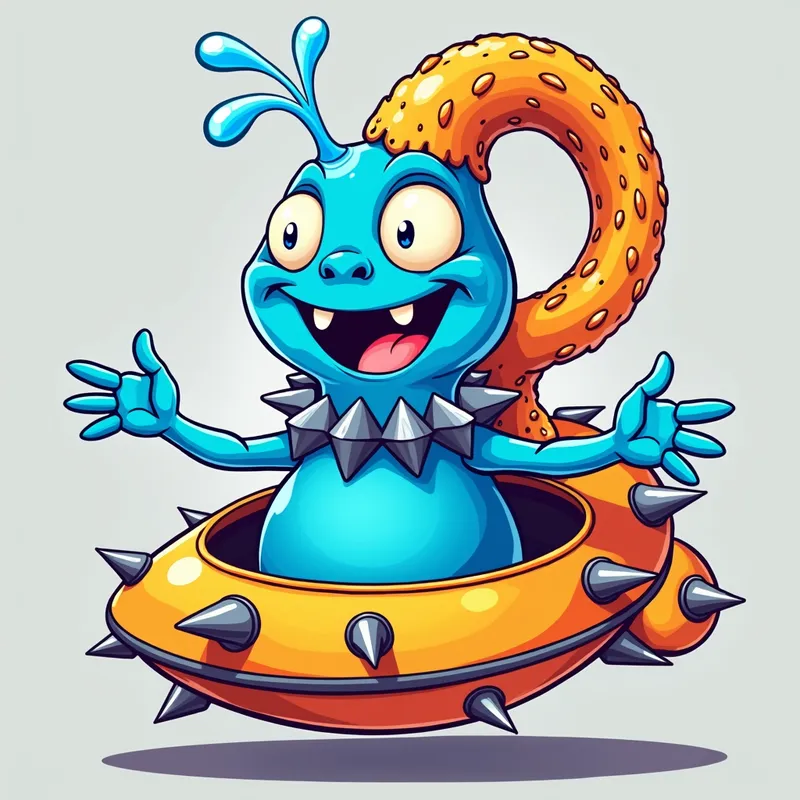 Blue Alien's Spaceship Adventure - Detailed line art illustration A cartoonish, bright blue alien creature, positioned centrally in the image. The creature has a bulbous, teardrop shape body, and three large, expressive, light-blue eyes. A curved, orange fleshy tube-like appendage extends from its head with water spraying from the top. It is wearing a gothic collar with enormous metal spikes sticking out of it. The creature has a cheerful, grinning expression, with visible, cartoonish teeth. Its arms, also orange, are outstretched in a welcoming gesture. The creature is sitting in a brightly coloured spaceship with metal spokes sticking out from the sides. The background is a plain, light gray. The style is vibrant, playful, and exaggerated, with bold outlines and bright colors. The lighting is even, casting no significant shadows. The creature's pose is friendly and inviting. The overall impression is of a friendly, cartoon alien character. - AI image generated with Photorealistic 2