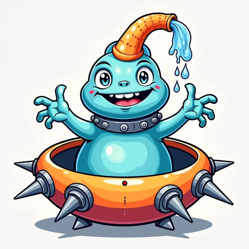Blue Alien's Spaceship Adventure - Detailed line art illustration A cartoonish, bright blue alien creature, positioned centrally in the image. The creature has a bulbous, teardrop shape body, and three large, expressive, light-blue eyes. A curved, orange fleshy tube-like appendage extends from its head with water spraying from the top. It is wearing a gothic collar with enormous metal spikes sticking out of it. The creature has a cheerful, grinning expression, with visible, cartoonish teeth. Its arms, also orange, are outstretched in a welcoming gesture. The creature is sitting in a brightly coloured spaceship with metal spokes sticking out from the sides. The background is a plain, light gray. The style is vibrant, playful, and exaggerated, with bold outlines and bright colors. The lighting is even, casting no significant shadows. The creature's pose is friendly and inviting. The overall impression is of a friendly, cartoon alien character. - AI image generated with Photorealistic 2