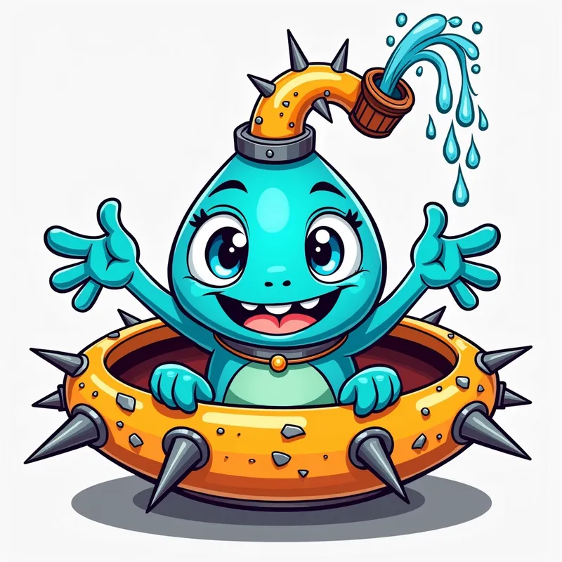 Blue Alien's Spaceship Adventure - Detailed line art illustration A cartoonish, bright blue alien creature, positioned centrally in the image. The creature has a bulbous, teardrop shape body, and three large, expressive, light-blue eyes. A curved, orange tube-like appendage extends from its head with water spraying from the top. It is wearing a gothic collar with enormous metal spikes sticking out of it. The creature has a cheerful, grinning expression, with visible, cartoonish teeth. Its arms, also orange, are outstretched in a welcoming gesture. The creature is sitting in a brightly coloured spaceship with metal spokes sticking out from the sides. The background is a plain, light gray. The style is vibrant, playful, and exaggerated, with bold outlines and bright colors. The lighting is even, casting no significant shadows. The creature's pose is friendly and inviting. The overall impression is of a friendly, cartoon alien character. - AI image generated with Photorealistic 2