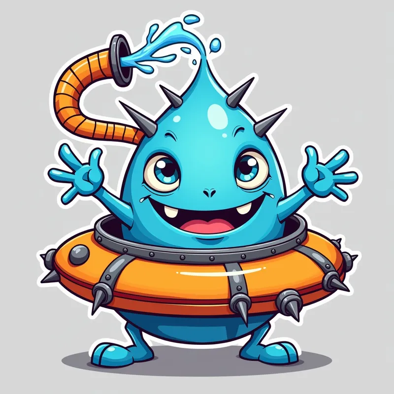 Blue Alien's Spaceship Adventure - Detailed line art illustration A cartoonish, bright blue alien creature, positioned centrally in the image. The creature has a bulbous, teardrop shape body, and three large, expressive, light-blue eyes. A curved, orange tube-like appendage extends from its head with water spraying from the top. It is wearing a gothic collar with enormous metal spikes sticking out of it. The creature has a cheerful, grinning expression, with visible, cartoonish teeth. Its arms, also orange, are outstretched in a welcoming gesture. The creature is sitting in a brightly coloured spaceship with metal spokes sticking out from the sides. The background is a plain, light gray. The style is vibrant, playful, and exaggerated, with bold outlines and bright colors. The lighting is even, casting no significant shadows. The creature's pose is friendly and inviting. The overall impression is of a friendly, cartoon alien character. - AI image generated with Photorealistic 2