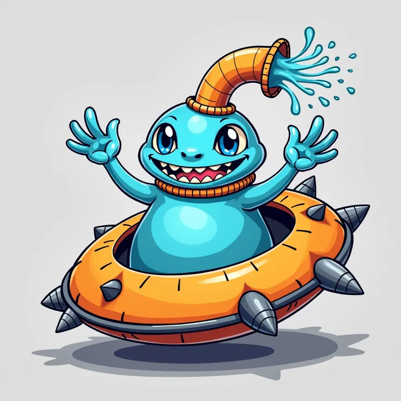 Blue Alien's Spaceship Adventure - Detailed line art illustration A cartoonish, bright blue alien creature, positioned centrally in the image. The creature has a bulbous, teardrop shape body, and three large, expressive, light-blue eyes. A curved, orange tube-like appendage extends from its head with water spraying from the top. It is wearing a gothic collar with enormous metal spikes sticking out of it. The creature has a cheerful, grinning expression, with visible, cartoonish teeth. Its arms, also orange, are outstretched in a welcoming gesture. The creature is sitting in a brightly coloured spaceship with metal spokes sticking out from the sides. The background is a plain, light gray. The style is vibrant, playful, and exaggerated, with bold outlines and bright colors. The lighting is even, casting no significant shadows. The creature's pose is friendly and inviting. The overall impression is of a friendly, cartoon alien character. - AI image generated with Photorealistic 2