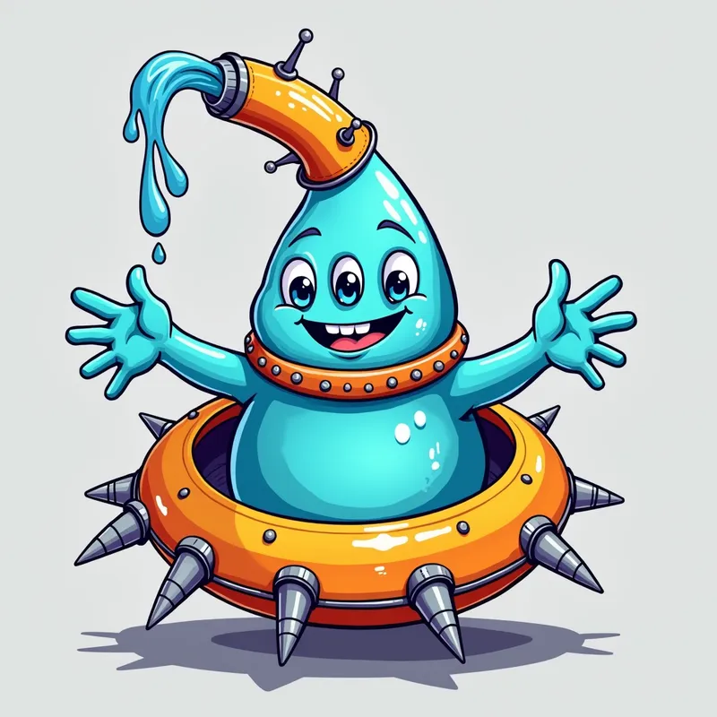 Blue Alien's Spaceship Adventure - Detailed line art illustration A cartoonish, bright blue alien creature, positioned centrally in the image. The creature has a bulbous, teardrop shape body, and three large, expressive, light-blue eyes. A curved, orange tube-like appendage extends from its head with water spraying from the top. It is wearing a gothic collar with enormous metal spikes sticking out of it. The creature has a cheerful, grinning expression, with visible, cartoonish teeth. Its arms, also orange, are outstretched in a welcoming gesture. The creature is sitting in a brightly coloured spaceship with metal spokes sticking out from the sides. The background is a plain, light gray. The style is vibrant, playful, and exaggerated, with bold outlines and bright colors. The lighting is even, casting no significant shadows. The creature's pose is friendly and inviting. The overall impression is of a friendly, cartoon alien character. - AI image generated with Photorealistic 2