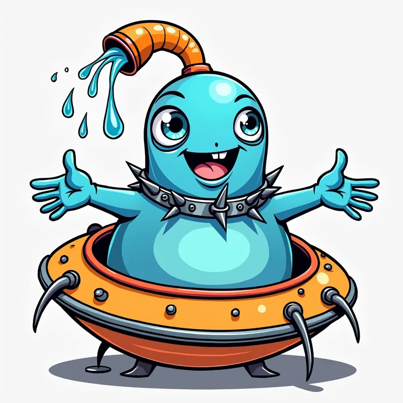 Blue Alien's Spaceship Adventure - Detailed line art illustration A cartoonish, bright blue alien creature, positioned centrally in the image. The creature has a bulbous, teardrop shape body, and three large, expressive, light-blue eyes.  A curved, orange tube-like appendage extends from its head with water spraying from the top. It is wearing a gothic collar with enormous metal spikes sticking out of it. The creature has a cheerful, grinning expression, with visible, cartoonish teeth.  Its arms, also orange, are outstretched in a welcoming gesture. The creature is sitting in a brightly coloured spaceship with metal spokes sticking out from the sides. The background is a plain, light gray. The style is vibrant, playful, and exaggerated, with bold outlines and bright colors. The lighting is even, casting no significant shadows. The creature's pose is friendly and inviting. The overall impression is of a friendly, cartoon alien character. - AI image generated with Photorealistic 2