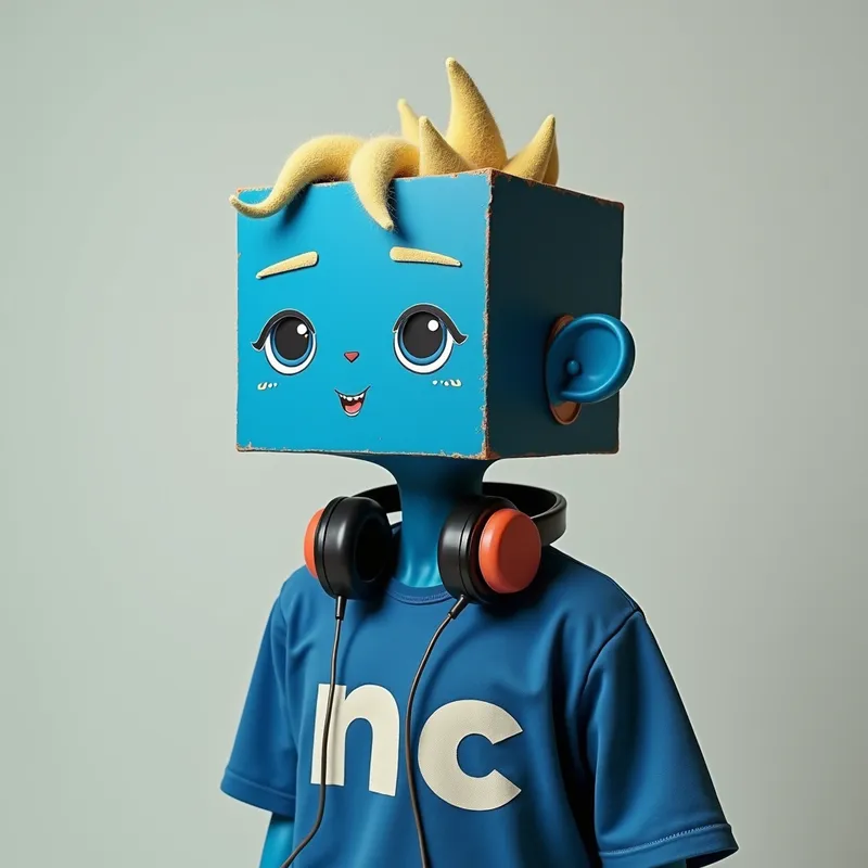 Blue Boy with Cube Head - A surreal image featuring a blue-skinned boy with a cubic head. He has blonde hair that peeks out from under his cube head, wears a shirt with the letters 'nc' on it, and has a pair of stylish headphones around his neck. - AI image generated with Photorealistic 2