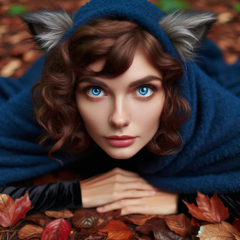 Blue Cloak Lament - A close-up of a woman with striking blue eyes, brown curly hair with bangs, and visible wolf ears peeking from under a deep blue cloak. She lays on her stomach across forest floor leaves, her face turned towards the viewer with a betrayed, vulnerable expression. - AI image generated with Art