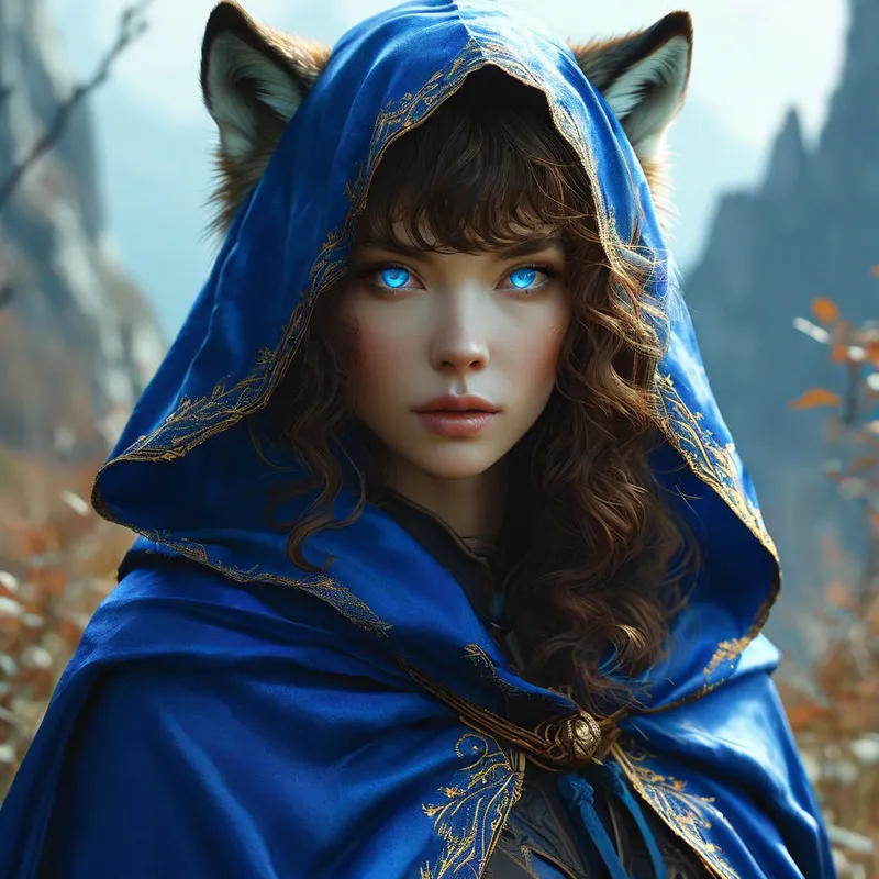 Blue-Cloaked Wolf-Eared Mystic - Create an image of a mystical woman with bouncy brown curls, swooping bangs, and vivid blue eyes. She wears a royal blue cloak with her realistic wolf ears poking out from beneath the hood, set in a magical landscape. - AI image generated with Nova Canvas