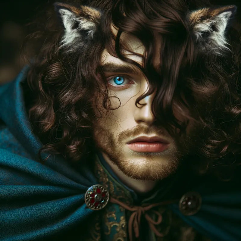 Blue Cloaked Wolf Girl's Despair - A close-up image of a woman with blue eyes, brown curly hair with bangs, and wolf ears peeking through her blue cloak. She lays face down, turning her face toward the viewer, her expression full of anguish and betrayal. - AI image generated with Art