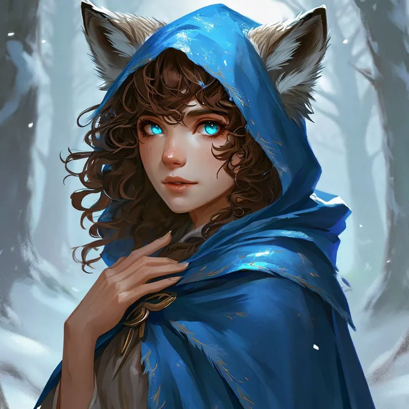 Blue-Cloaked Wolf Guide - A magical woman stands in a blue hooded cloak with brown curly hair and feathery bangs, and adorable wolf ears stick out at the top. Her icy blue eyes shine with empathy as she offers a comforting hand towards the viewer, suggesting guidance through an unknown journey. - AI image generated with Nova Canvas