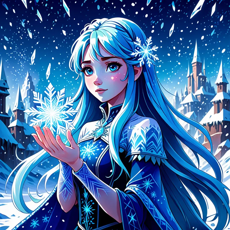 Blue Crystal Enchantress - An anime-style girl with long blue hair in a frozen landscape filled with towering ice crystals, casting blue magical light from her hands, shimmering snowflakes, fantasy composition, vibrant colors, detailed anime illustration - AI image generated with Fictional