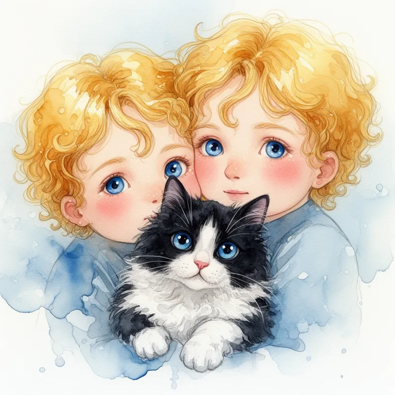Blue-Eyed Children and Cat - An artistic watercolor illustration of two possibly sibling children with golden-blonde curly hair and striking blue eyes, embracing a fluffy black and white cat with matching blue eyes. The children have soft rosy cheeks and fair skin, with one child partially hidden behind the other. The composition is intimate and tender, with a dreamy wash of pale blue and white in the background, painted in a refined, heartwarming watercolor style. - AI image generated with Flux 2 - extreme close-up, alcohol ink