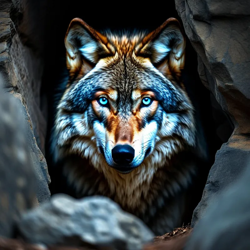 Blue-Eyed Sentinel - A majestic brown wolf with deep blue eyes peers from the dark recesses of its rocky lair. The soft glow from outside subtly highlights its fur, while its eyes shine with sharp intelligence amid the gloom. - AI image generated with Nova Canvas