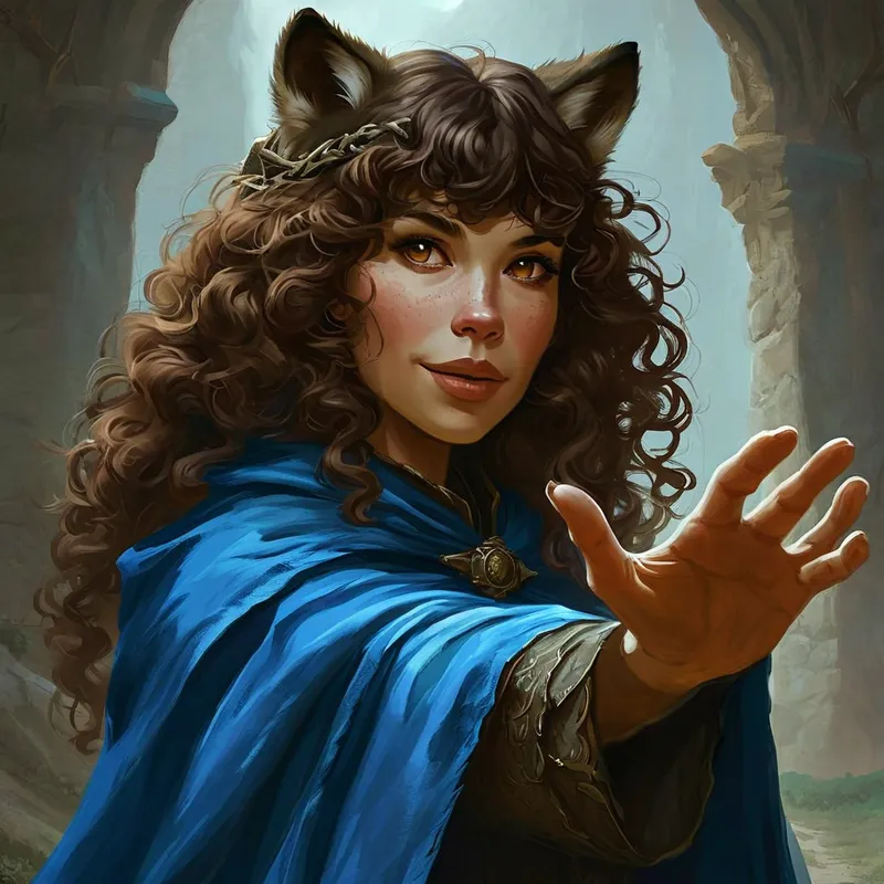 Blue-Eyed Wolf Guide - A fantasy portrait of a woman with curly brown hair, bangs framing her face, wolf ears atop her head, wearing a flowing blue cloak, and extending an inviting, supportive hand towards the audience. - AI image generated with Nova Canvas