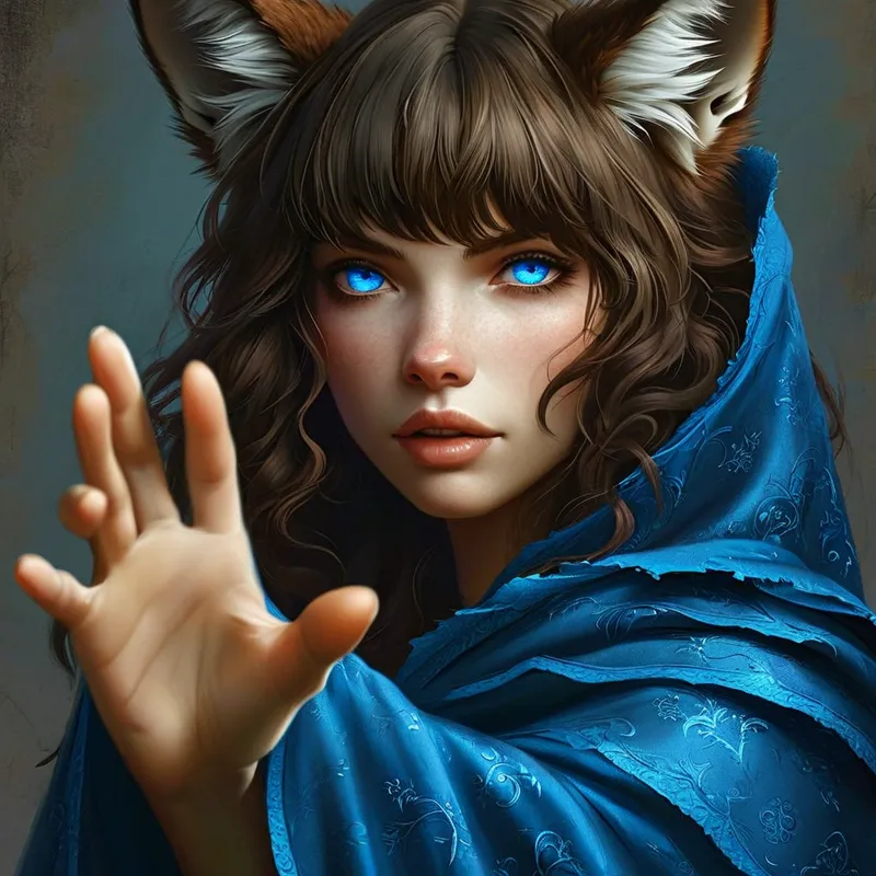 Blue-Eyed Wolf Hybrid Protector - A fantasy portrait featuring a woman with wavy brown hair, a fringe of bangs, blue wolf-like eyes, and wolf ears poking through a richly textured blue cape. She extends her hand towards the viewer as if offering help. - AI image generated with Nova Canvas