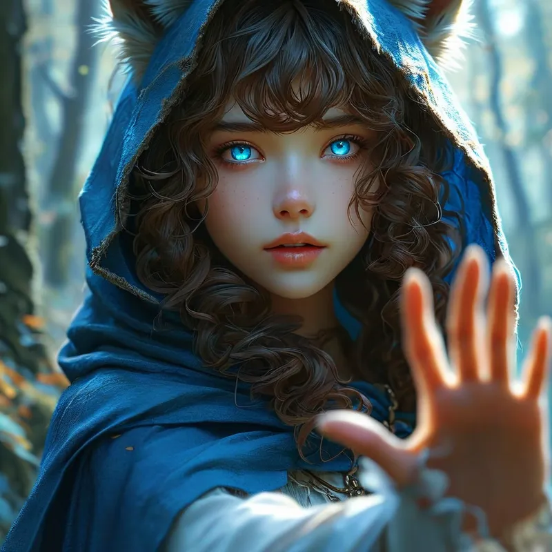 Blue-Eyed Wolf Maiden - A young woman with voluminous brown curls and neat bangs, wolf ears emerging from a hooded blue cloak. Her striking blue eyes fix on the viewer, full of spirit. Her right hand reaches outward, as if beckoning you into her world, set against a dreamy, ethereal forest. - AI image generated with Nova Canvas