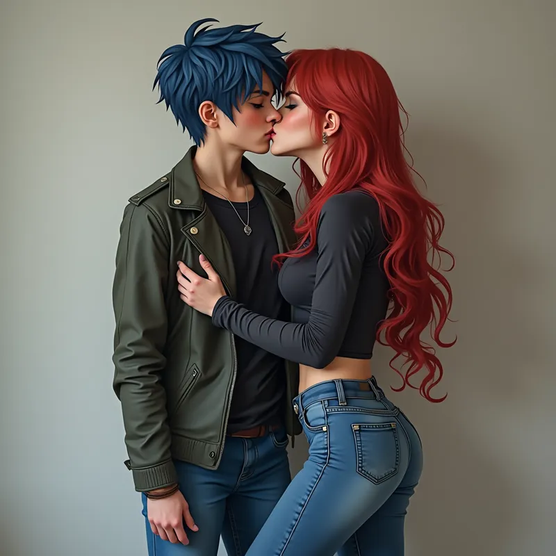 Blue-Haired Femboy & Redhead Kiss - 20 years old femboy, he has short blue hair, tight jeans shots, knee hight boots,  kissing a 20 years old girl , she wears a tight jeans, knee hight boots, top, long red hair - AI image generated with Photorealistic 2