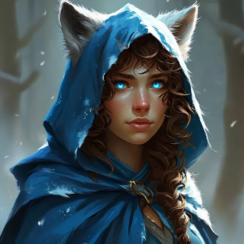 Blue-Hooded Wolf-Eared Guide - A magical woman stands in a blue hooded cloak with brown curly hair and feathery bangs, and adorable wolf ears stick out at the top. Her icy blue eyes shine with empathy as she offers a comforting hand towards the viewer, suggesting guidance through an unknown journey. - AI image generated with Nova Canvas