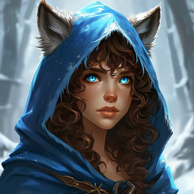 Blue-Hooded Wolf Guide Offering Hand - A magical woman stands in a blue hooded cloak with brown curly hair and feathery bangs, and adorable wolf ears stick out at the top. Her icy blue eyes shine with empathy as she offers a comforting hand towards the viewer, suggesting guidance through an unknown journey. - AI image generated with Nova Canvas