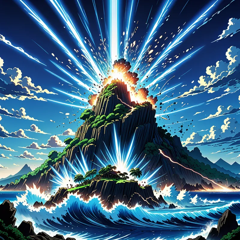 Blue Radiance Uprising - Anime-style illustration of a mysterious island where a massive blue light beam explodes upward, unleashing a powerful force that sends people tumbling away. The sky is filled with glowing particles, the ocean reflects the radiant blue light, and the environment is caught in chaotic motion. Dramatic, energetic, and richly detailed anime artwork. - AI image generated with Fictional