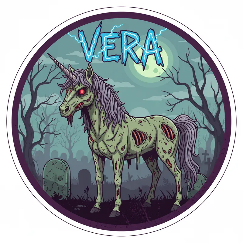 Blue Vera Zombie Unicorn Graveyard - Circular vector artwork for sticker: a zombie-like unicorn with decaying flesh, fierce red eyes, and a faded mane, stands in a gloomy graveyard. The text 'Vera' in electric blue is prominently placed above the unicorn. - AI image generated with Nano Banana