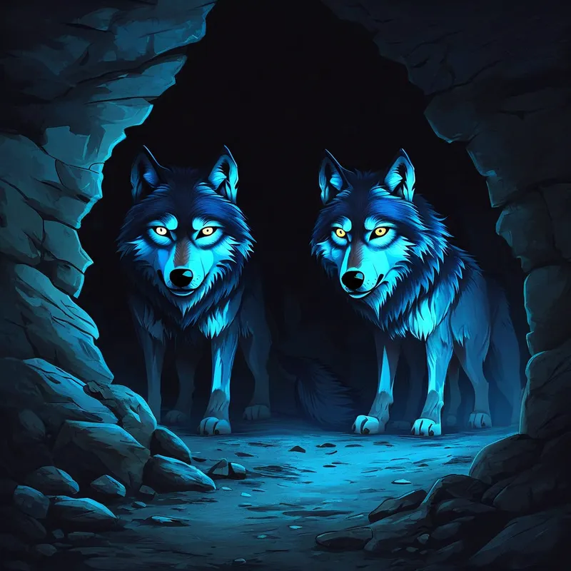 Blue Wolf Eyes in Cave Shadows - A pair of blue wolf eyes peer out from the shadows of a dark cave. - AI image generated with Nova Canvas