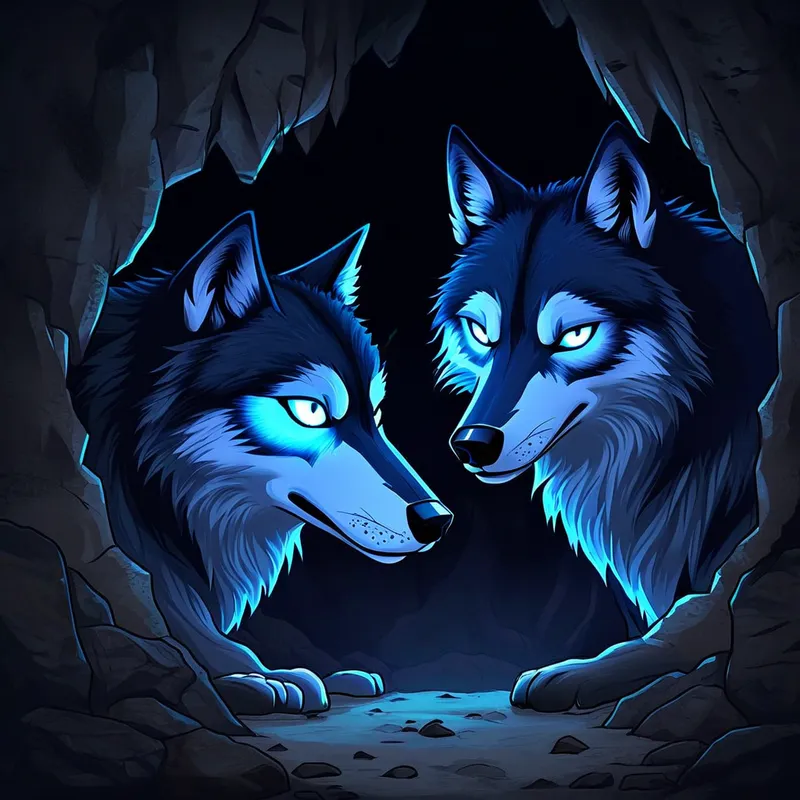 Blue Wolf Eyes in Dark Cave - A pair of blue wolf eyes peer out from the shadows of a dark cave. - AI image generated with Nova Canvas