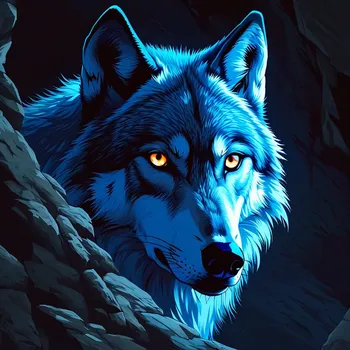 Blue Wolf Eyes in Shadowed Cave