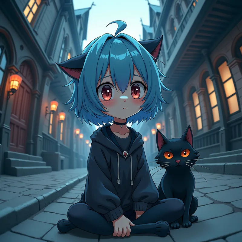 Blue Wolf's Gothic Gaze - A strikingly creepy anime girl with short, layered blue hair styled in a wolf cut, alongside one black cat, in an urban fantasy world. Gothic architecture surrounds them in a distorted fish eye view. - AI image generated with Photorealistic 2 - minimalist line art, fish eye, dark tones
