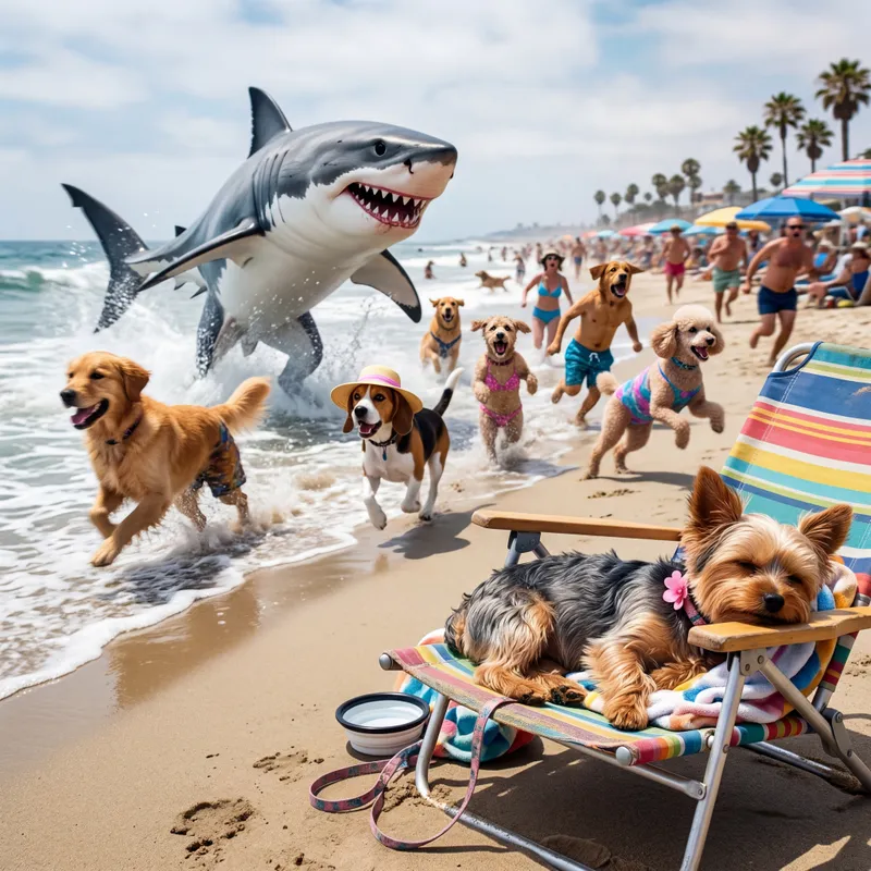 Blurred Shark Chase, Calm Yorkie - A female yorkie pup sunning in a beach chair. Completely unaware of the chaos behind her. A shark running running everyone( dogs as people) out of the water. - AI image generated with 4K Pro - motion blur