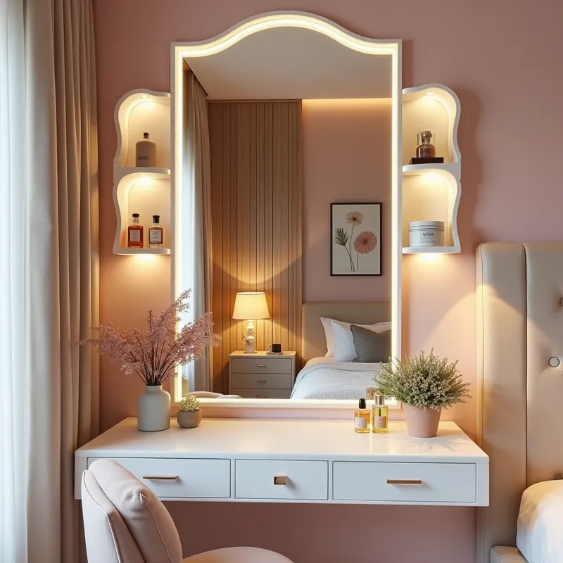 Blush Pink Vanity with Wavy LED Mirror - A softly lit blush-pink bedroom featuring a tall wavy-edged mirror with glowing LED trim, integrated curved shelves displaying perfumes, cosmetics, and a small potted plant. In front of a vertical wood-paneled accent wall and curtains, a white floating two-drawer vanity holds a flower-filled vase and fragrance bottles. The mirror reflects a neatly made upholstered bed, bedside lamp, framed botanical artwork, and warm pastel décor. - AI image generated with Photorealistic 2