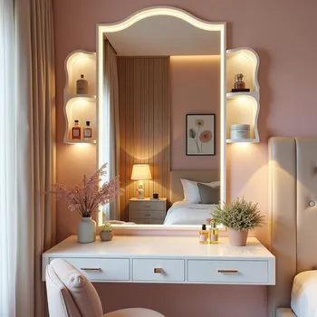 Blush Pink Vanity with Wavy LED Mirror